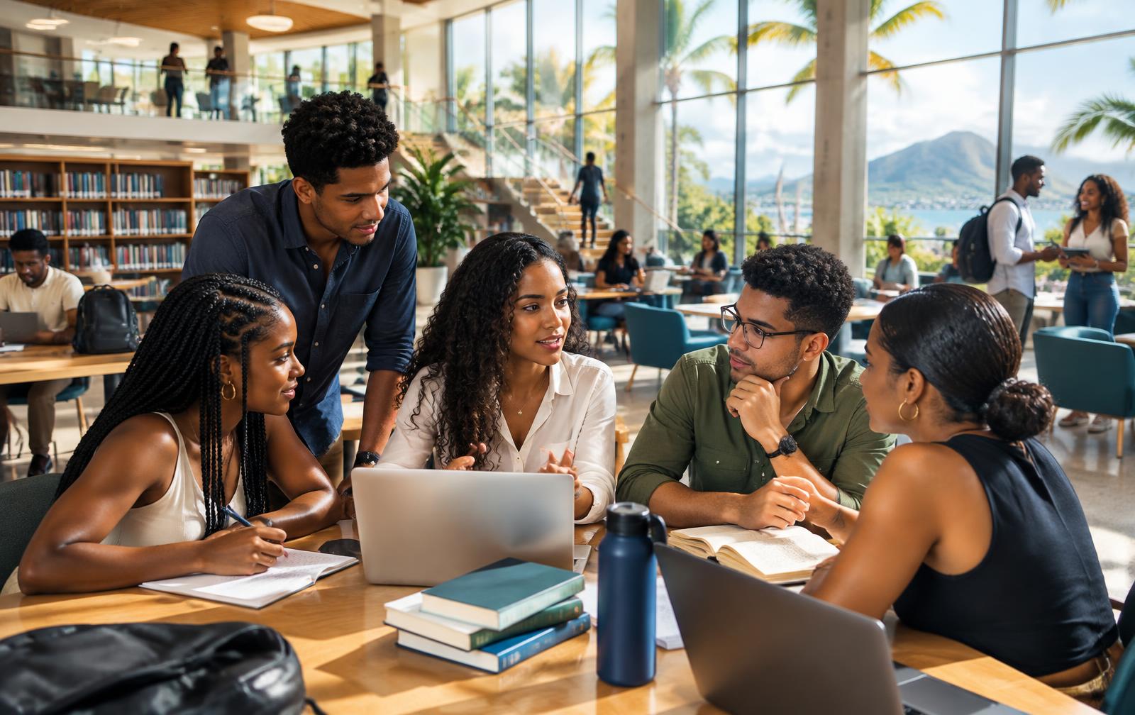 University students collaborating in a library